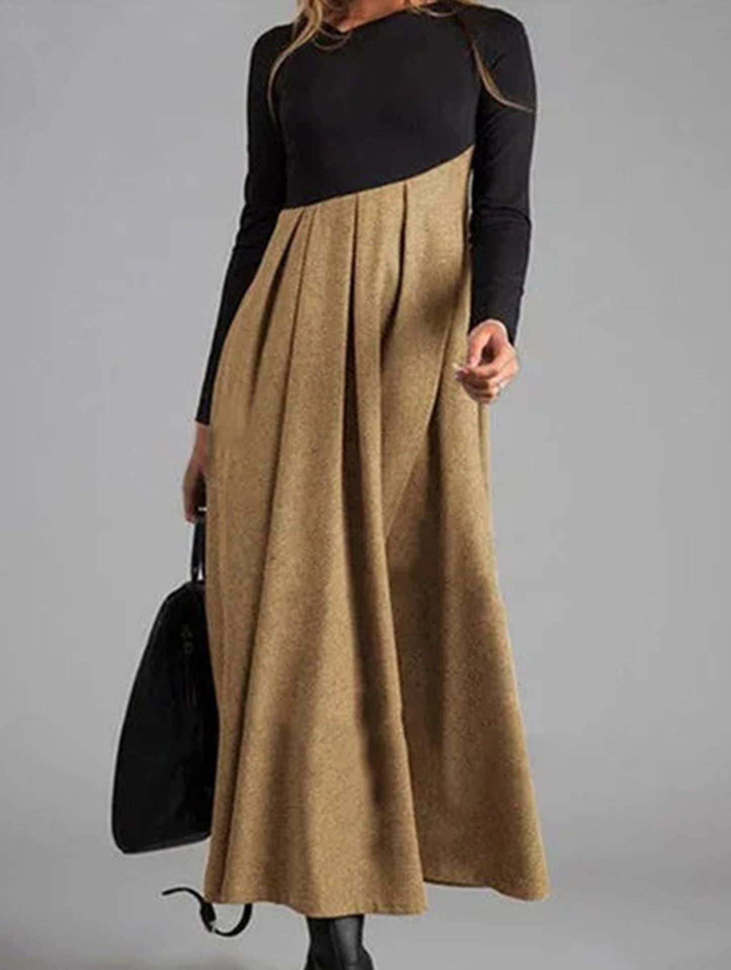 Contrast color V-neck long-sleeved dress