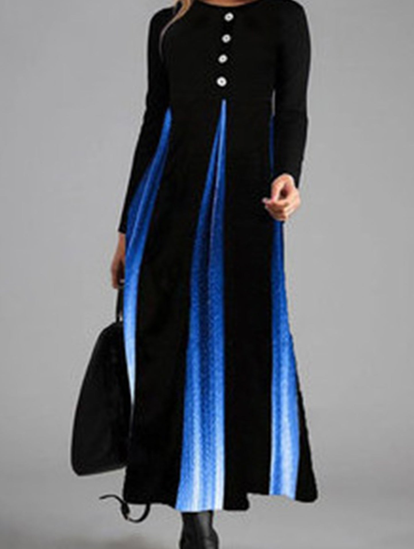 Gradient Button Round Neck Long Sleeve Dress