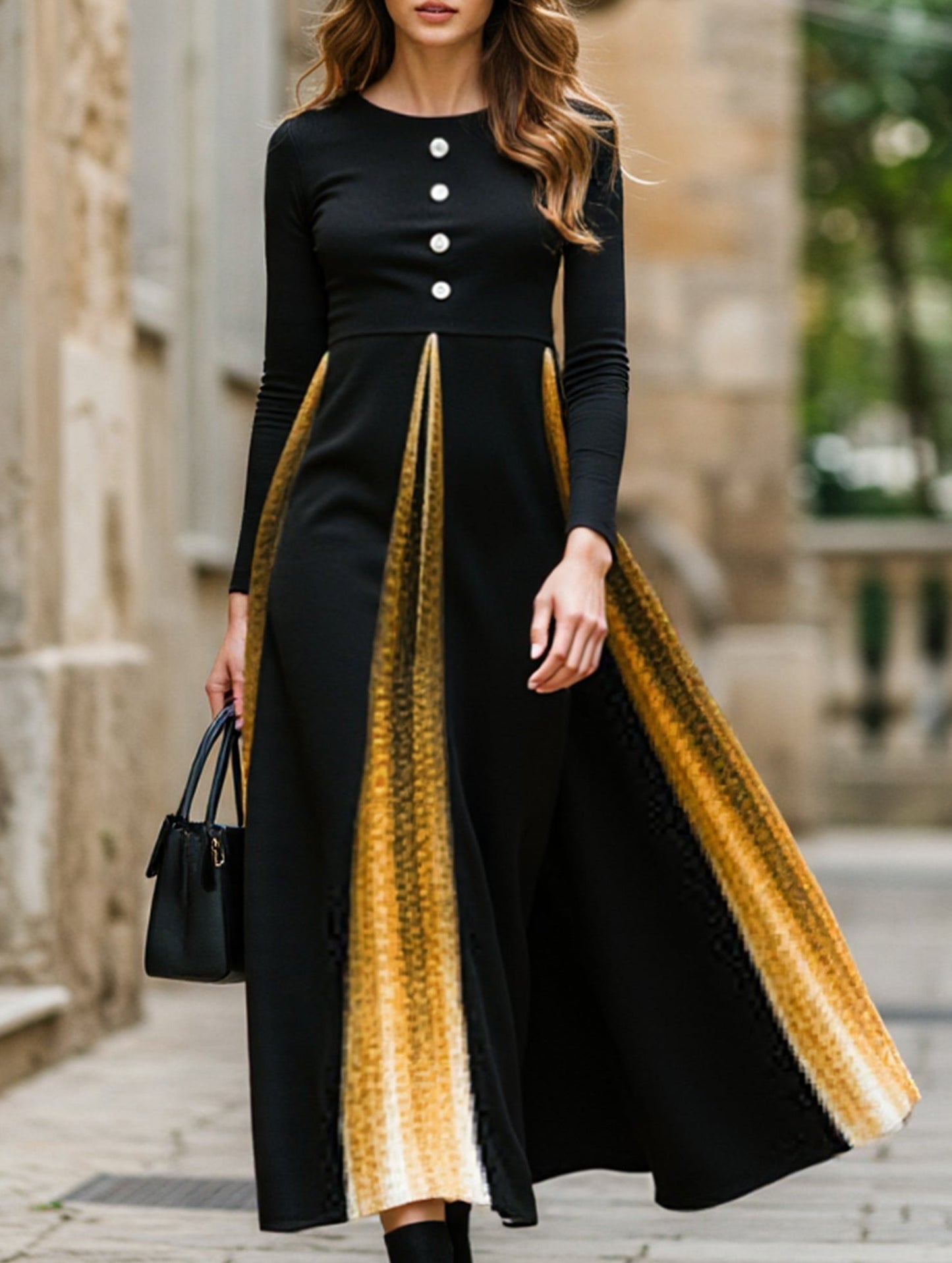 Gradient Button Round Neck Long Sleeve Dress