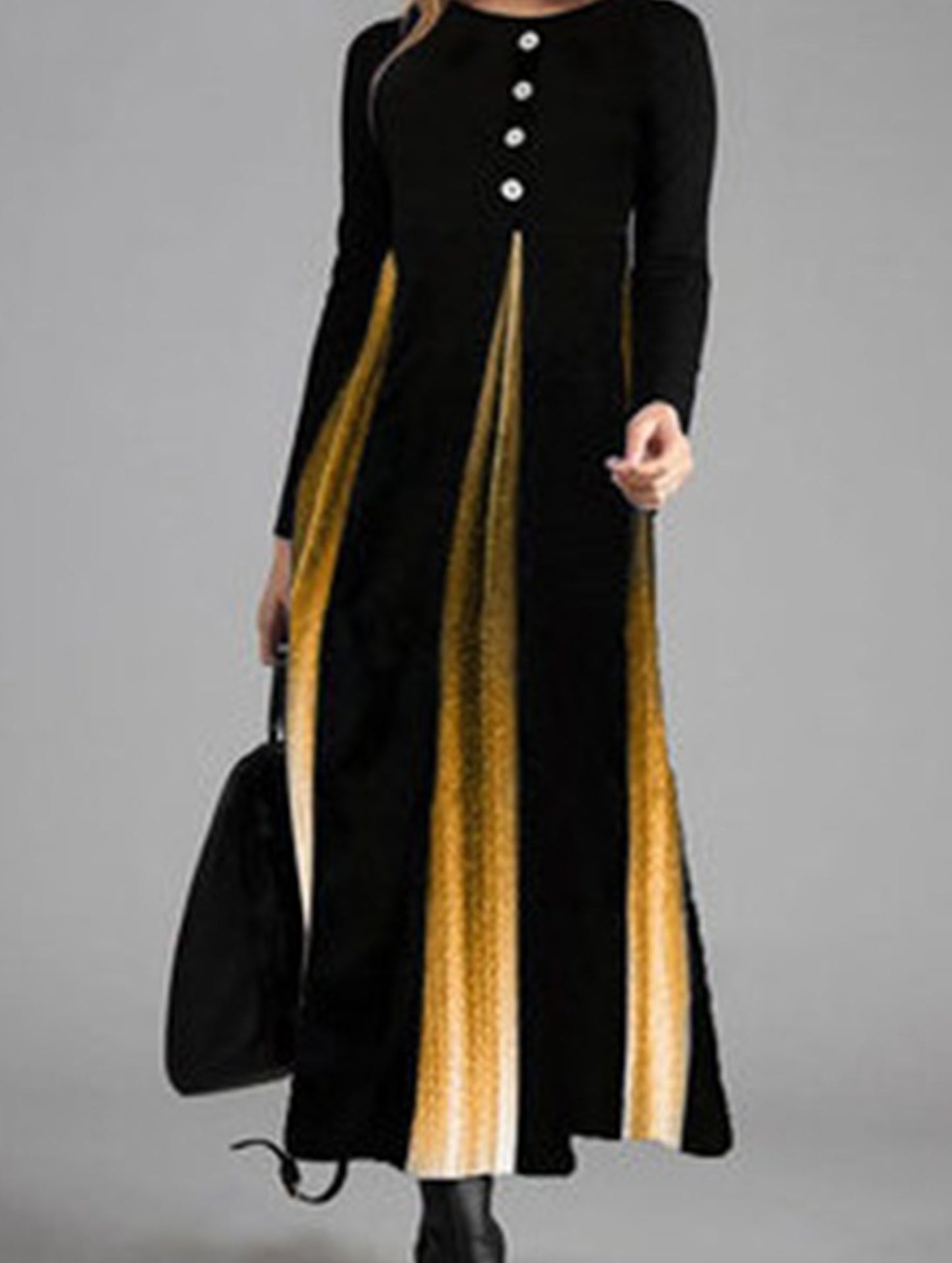 Gradient Button Round Neck Long Sleeve Dress