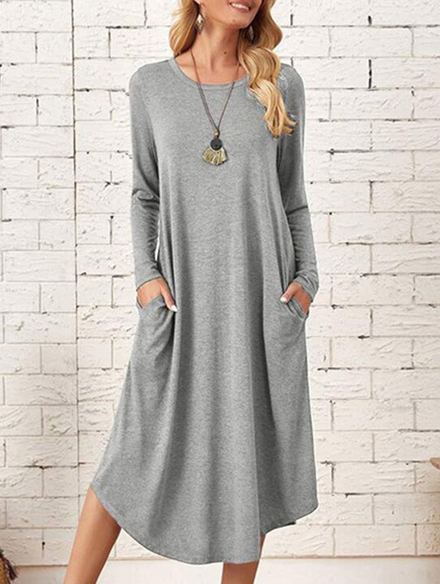 Midi-length round neck long-sleeved dress