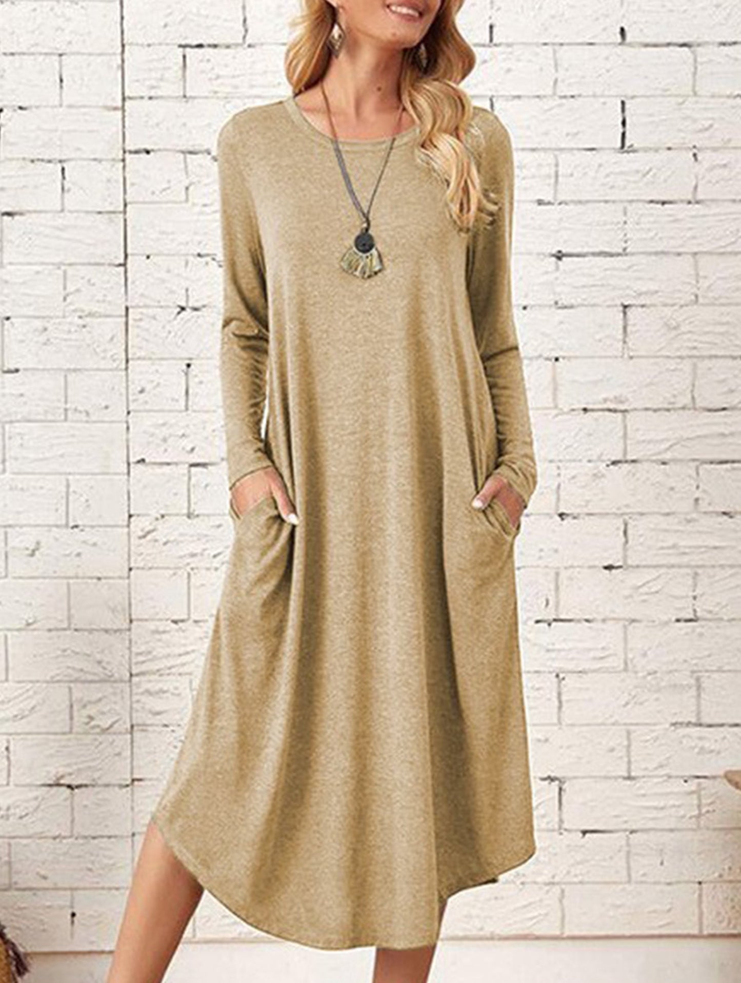 Midi-length round neck long-sleeved dress