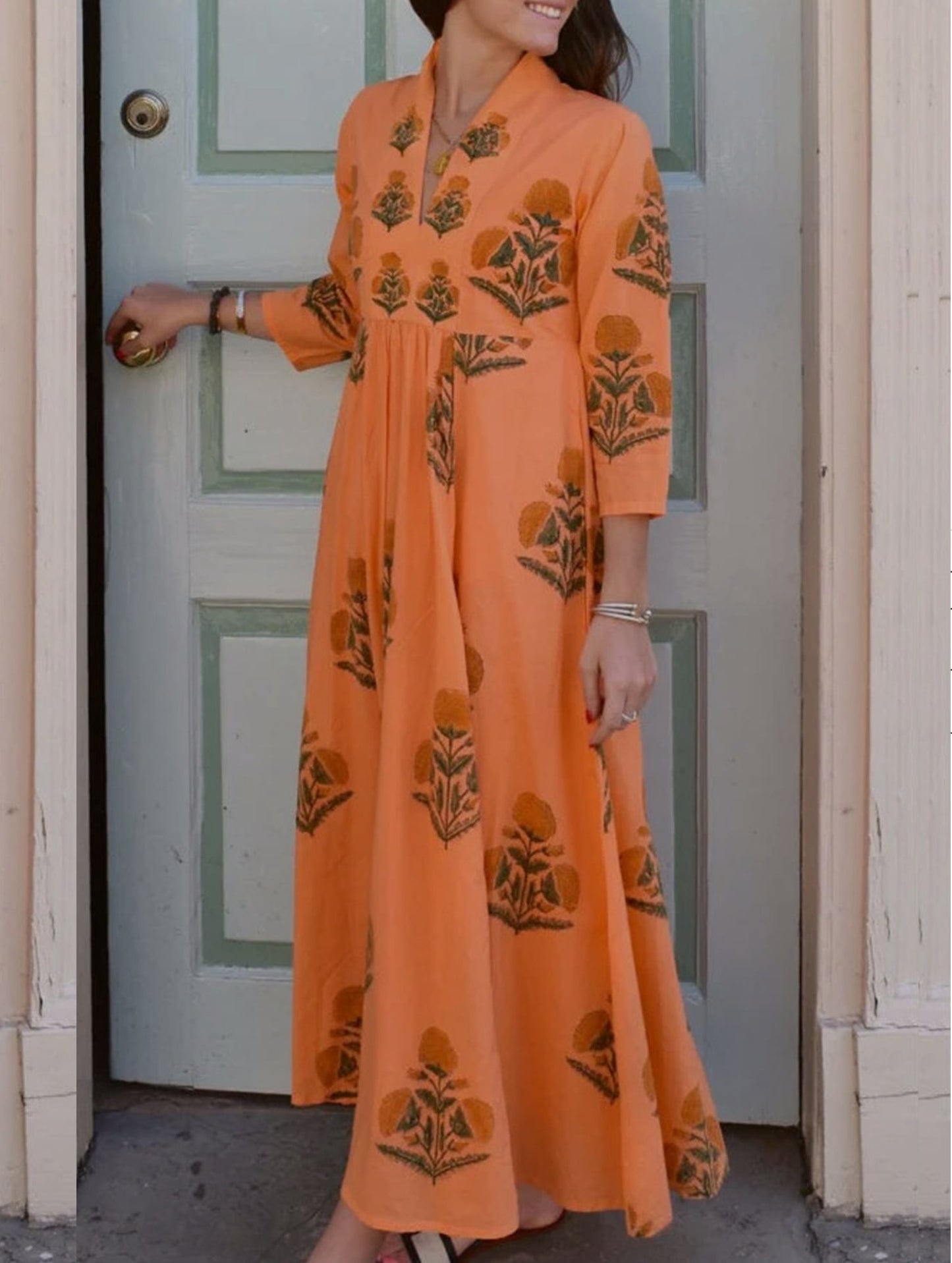 V-neck floral print three-quarter sleeve dress