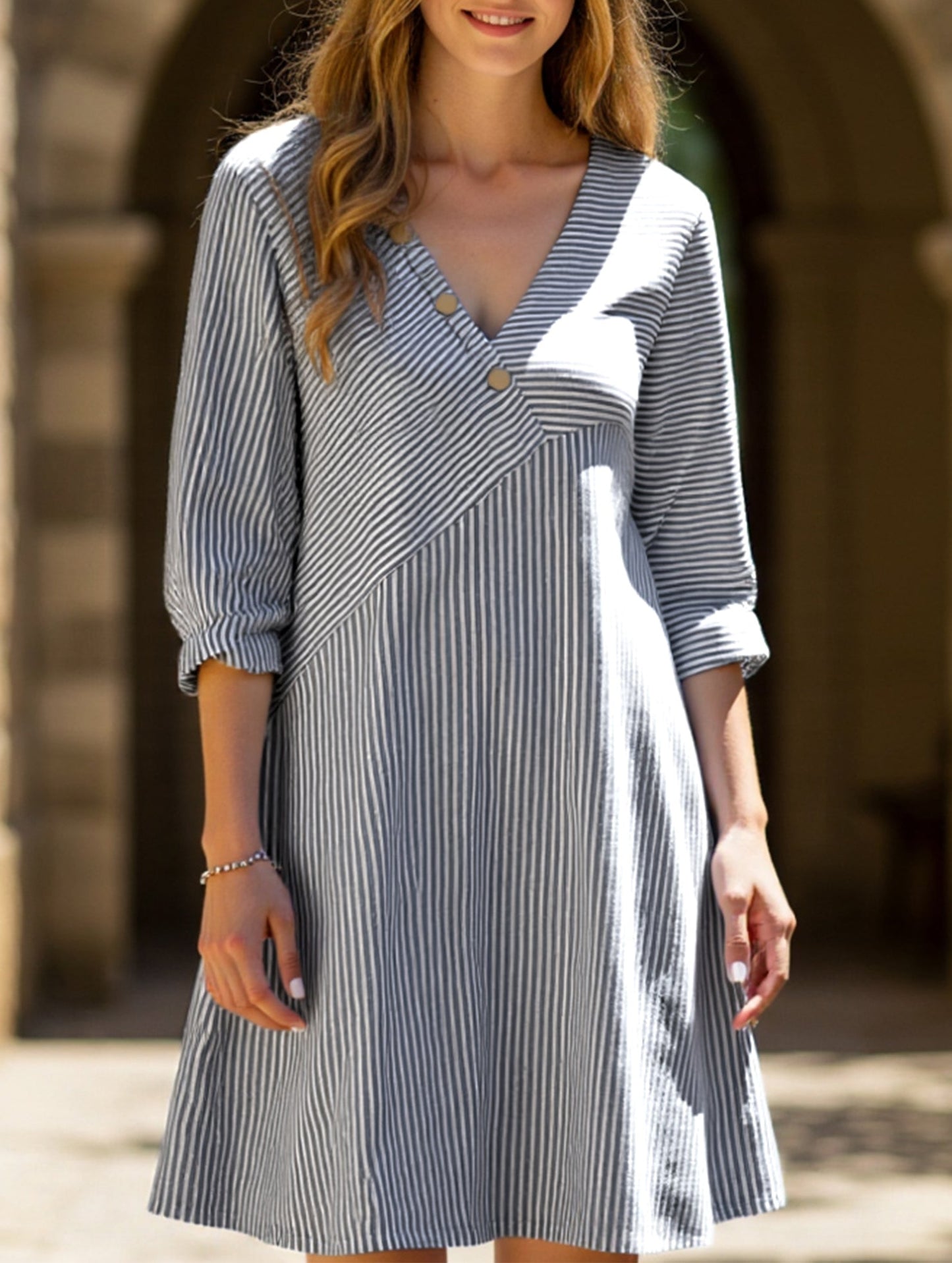 Striped V-neck casual dress