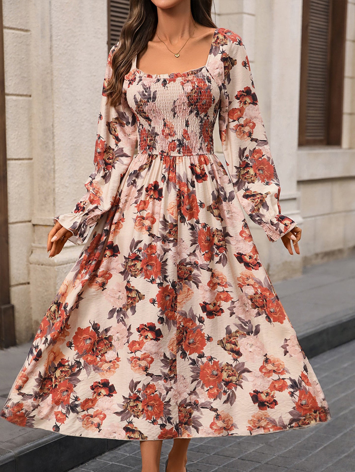 Retro square neck slit print dress