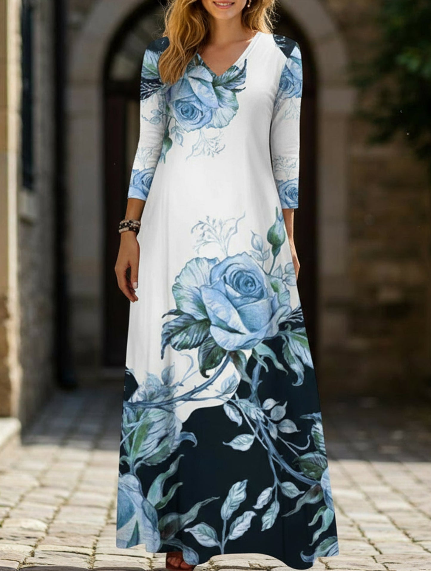Printed V-neck button-down long-sleeved dress