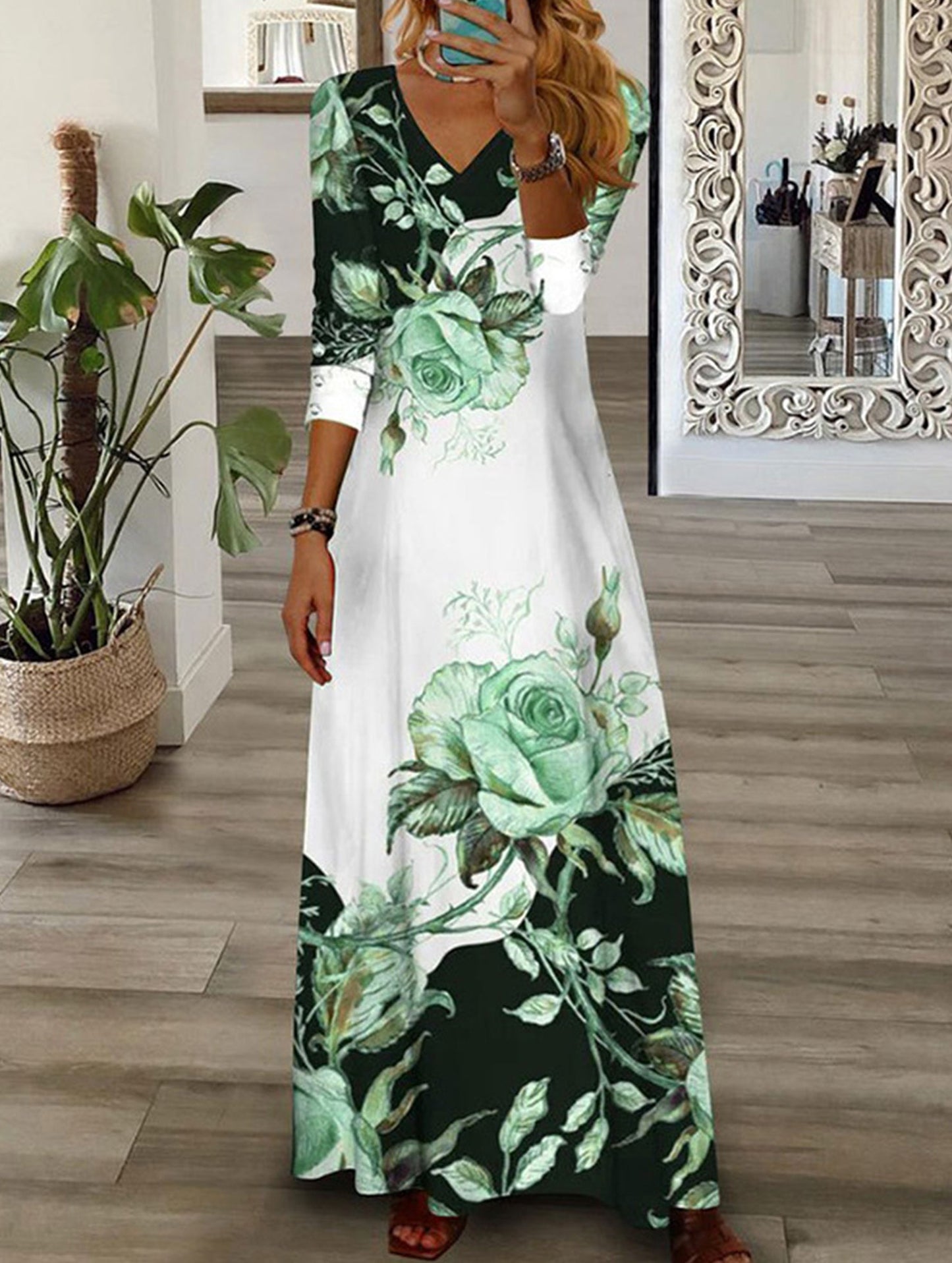 Printed V-neck button-down long-sleeved dress