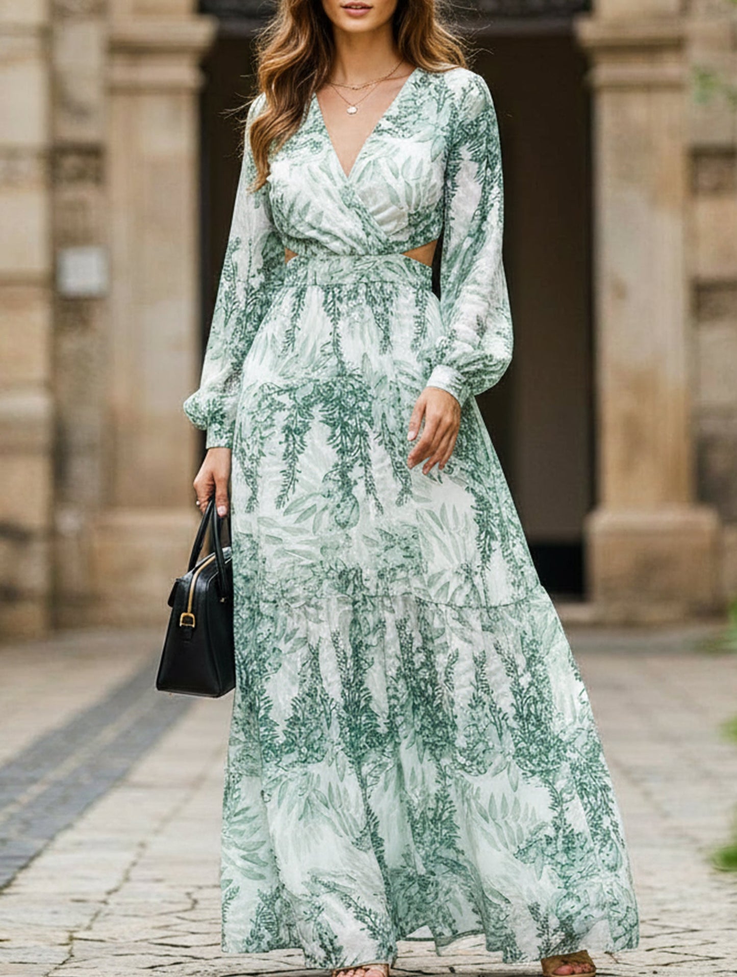 Fashion long printed V-neck long-sleeved dress