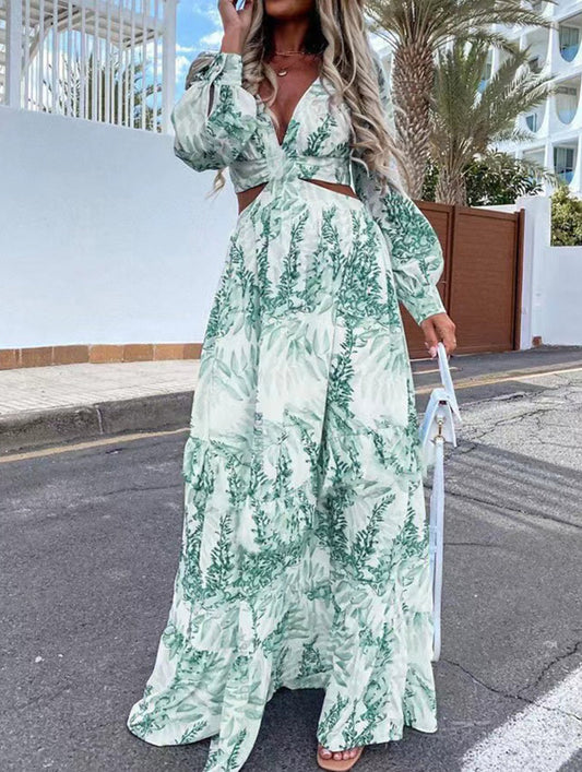Fashion long printed V-neck long-sleeved dress