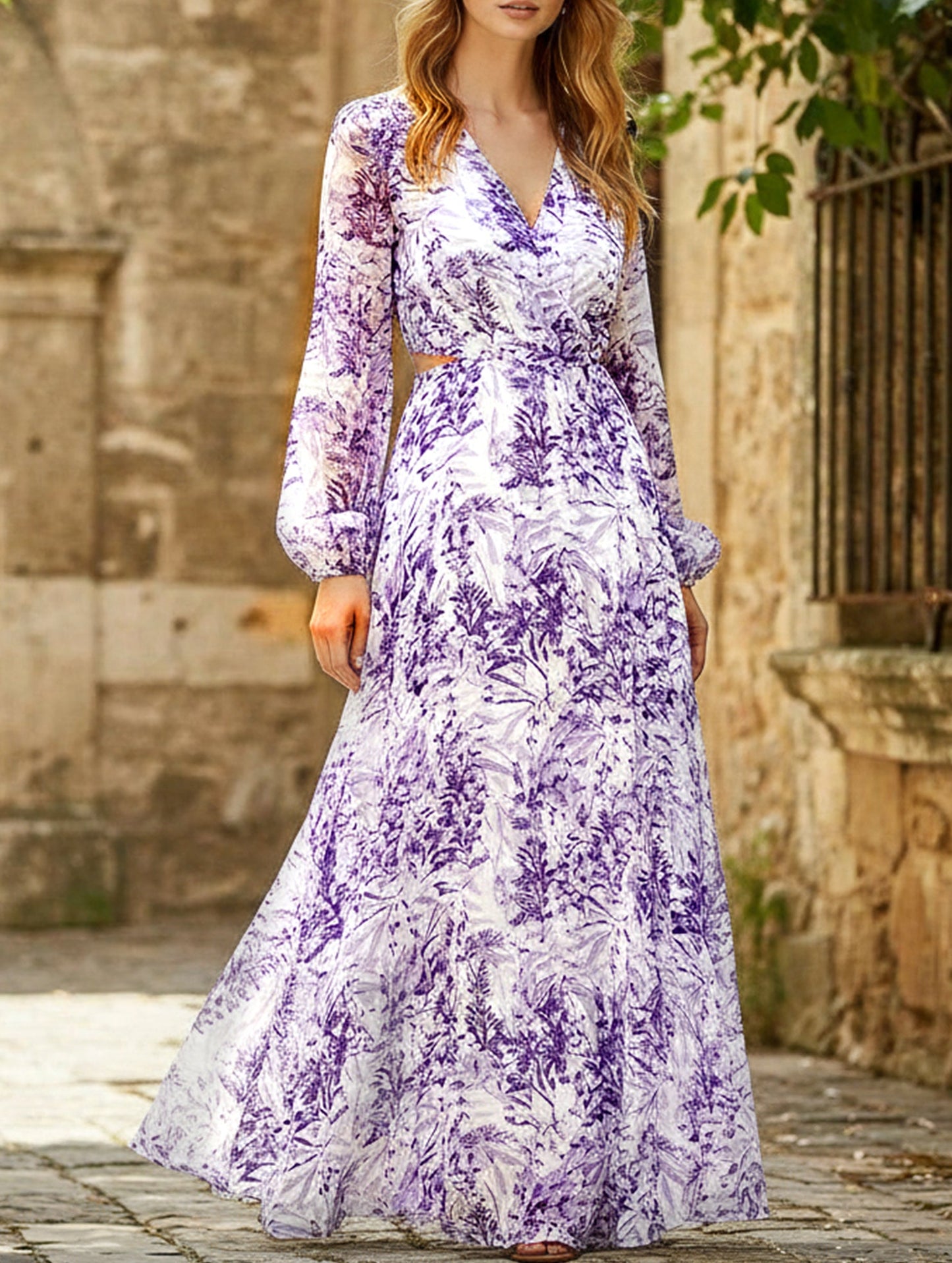 Fashion long printed V-neck long-sleeved dress