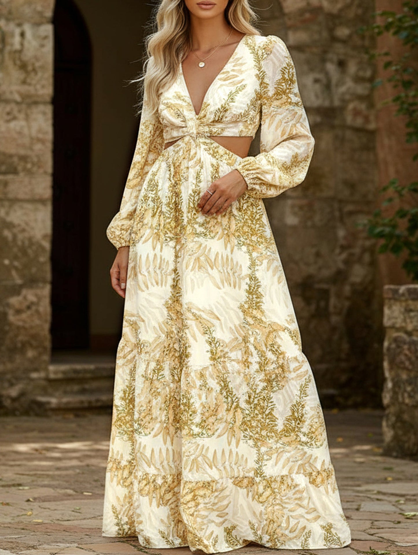 Fashion long printed V-neck long-sleeved dress