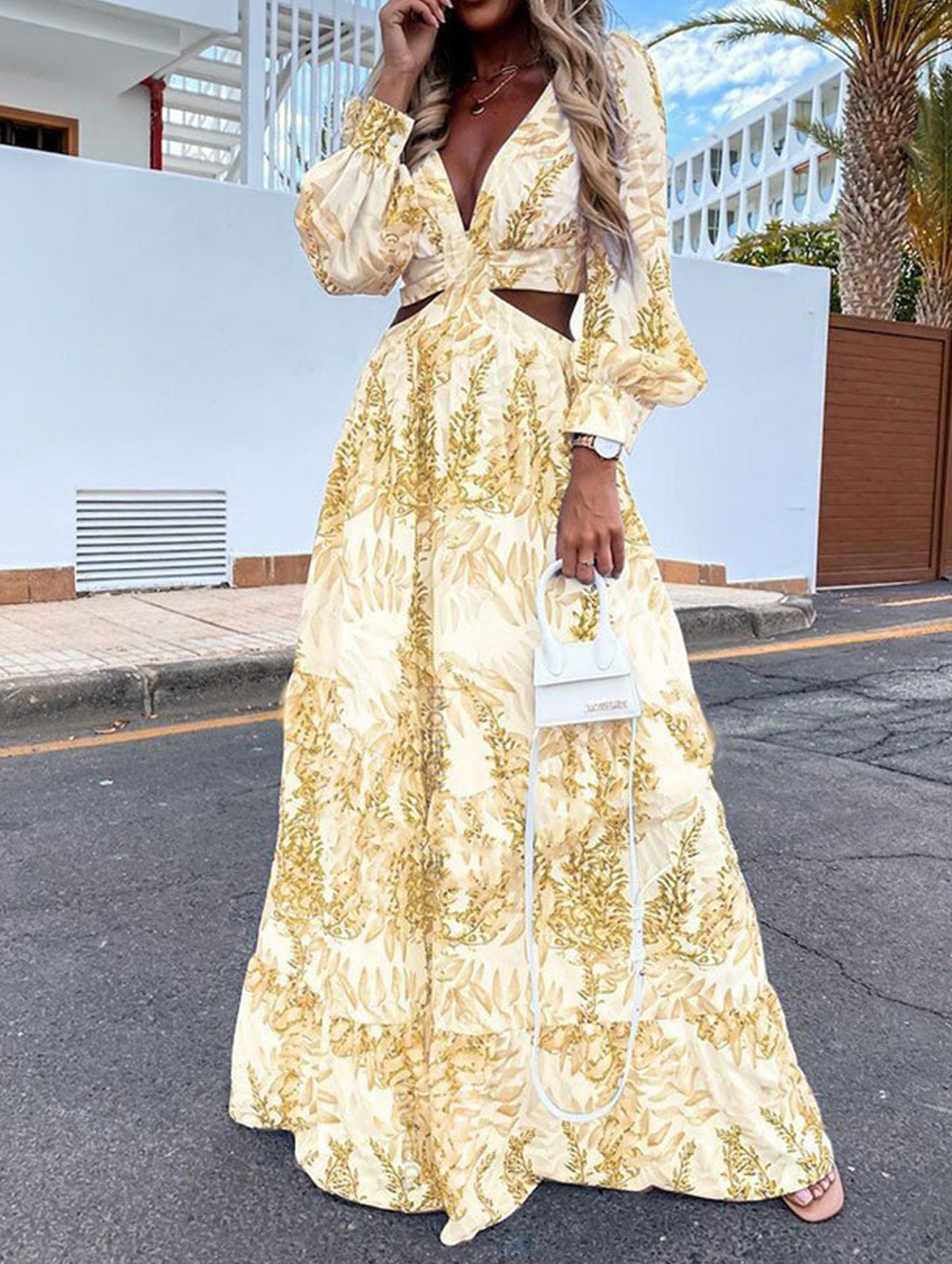 Fashion long printed V-neck long-sleeved dress