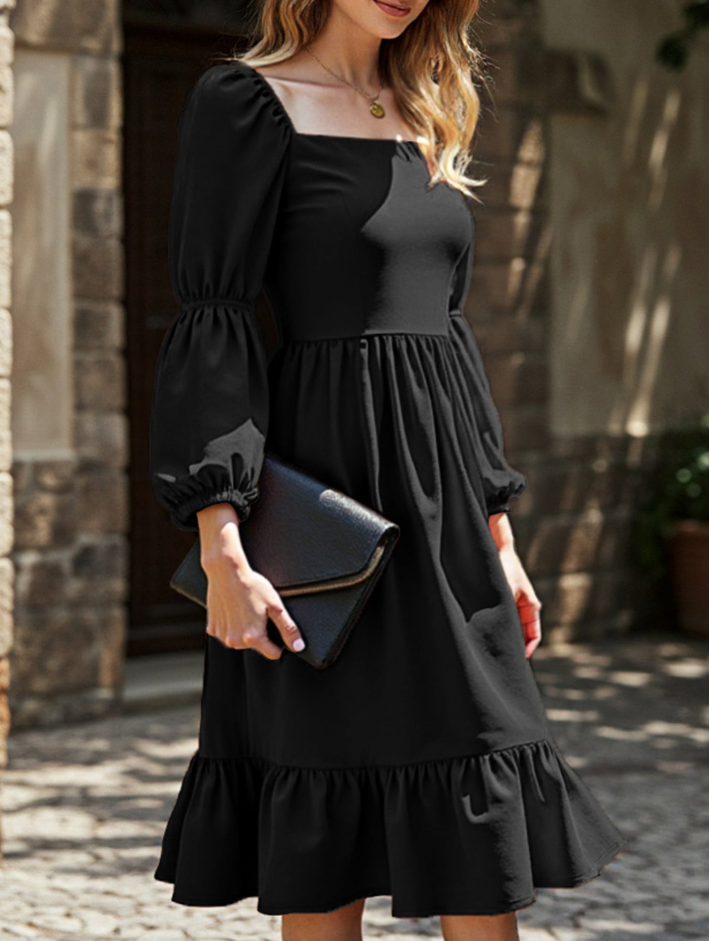 Solid color A-line casual long-sleeved dress