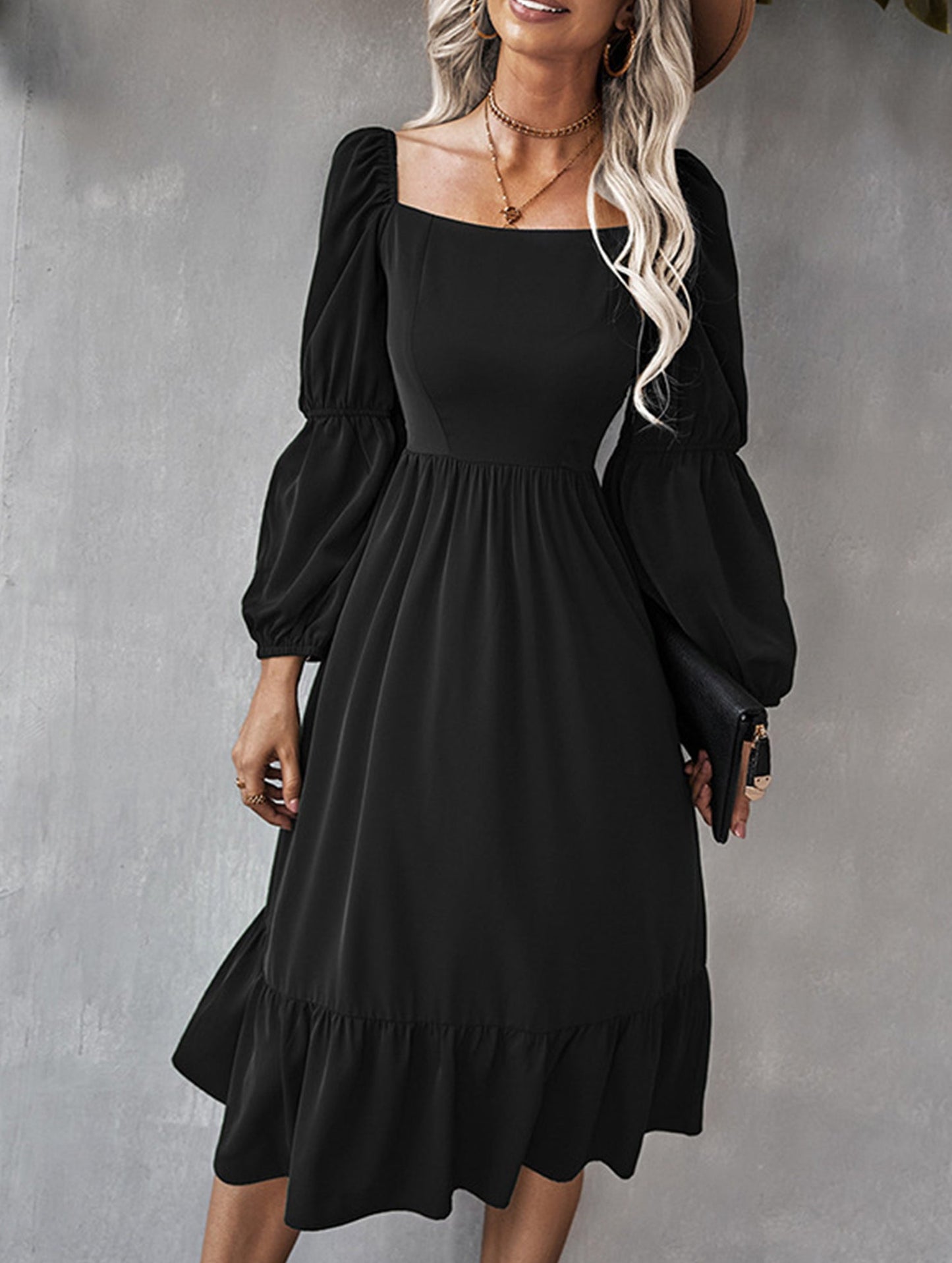 Solid color A-line casual long-sleeved dress
