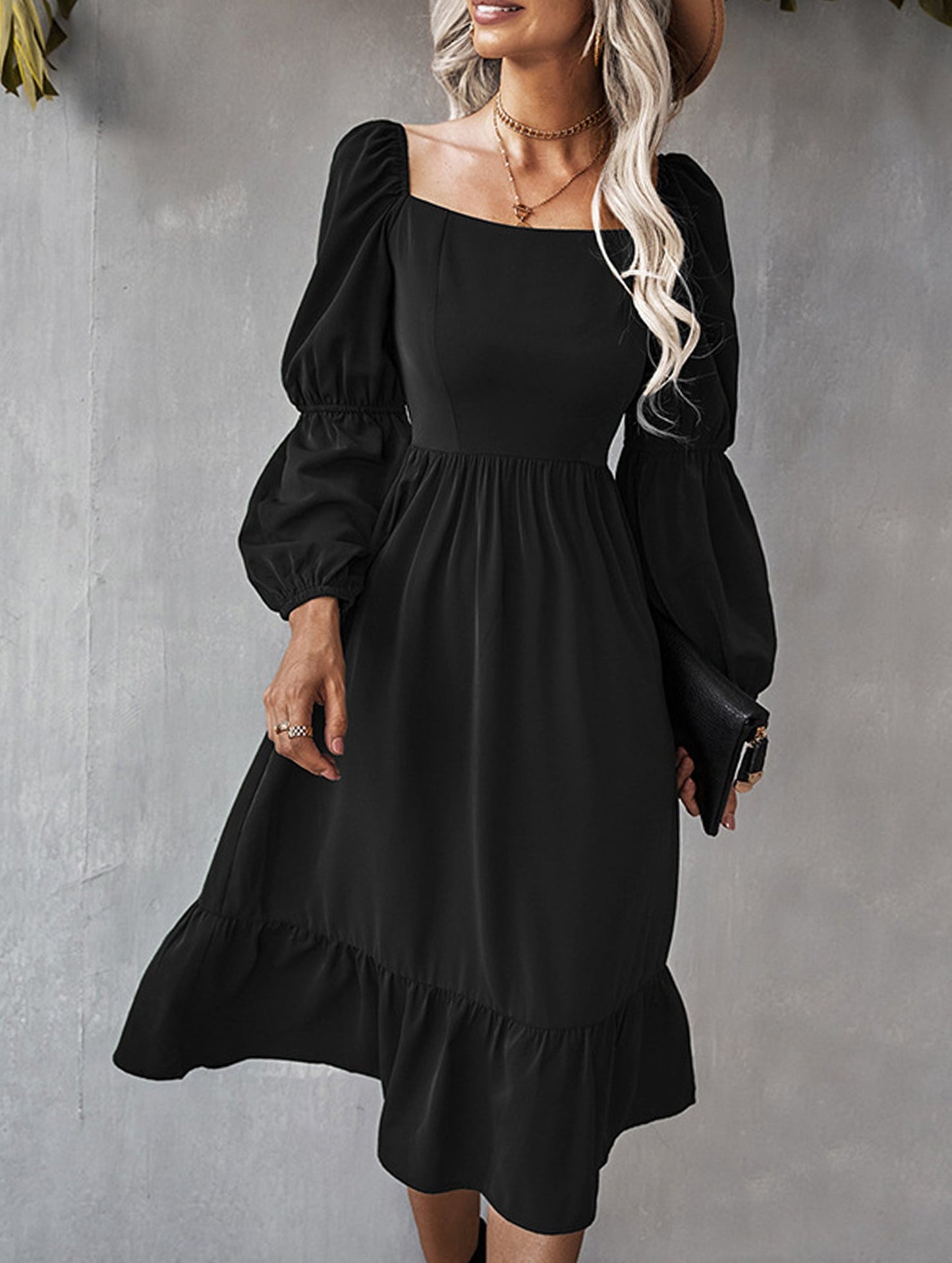 Solid color A-line casual long-sleeved dress
