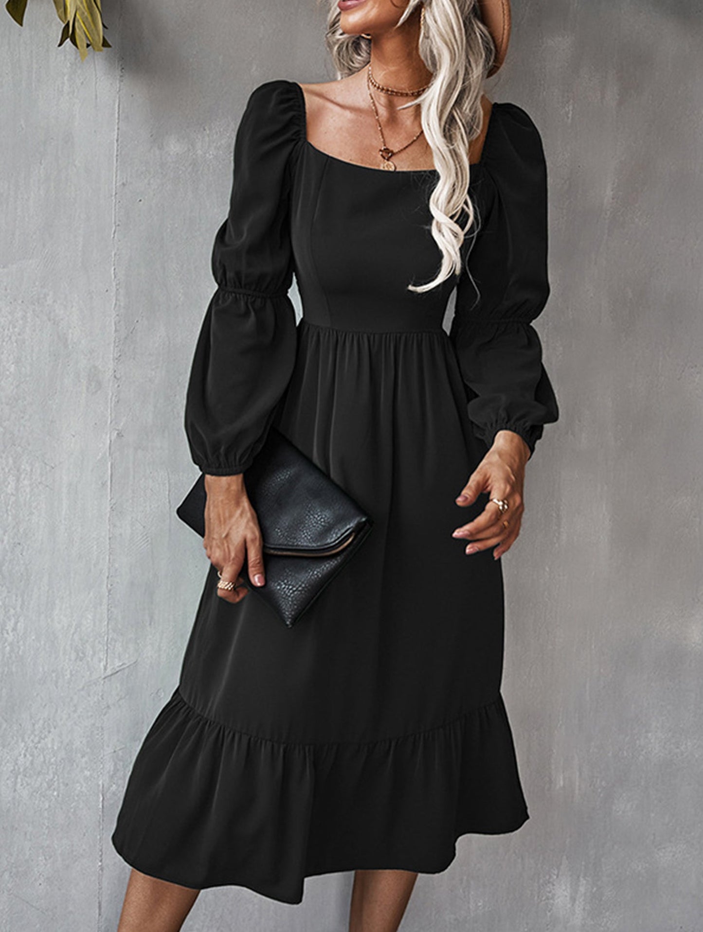 Solid color A-line casual long-sleeved dress