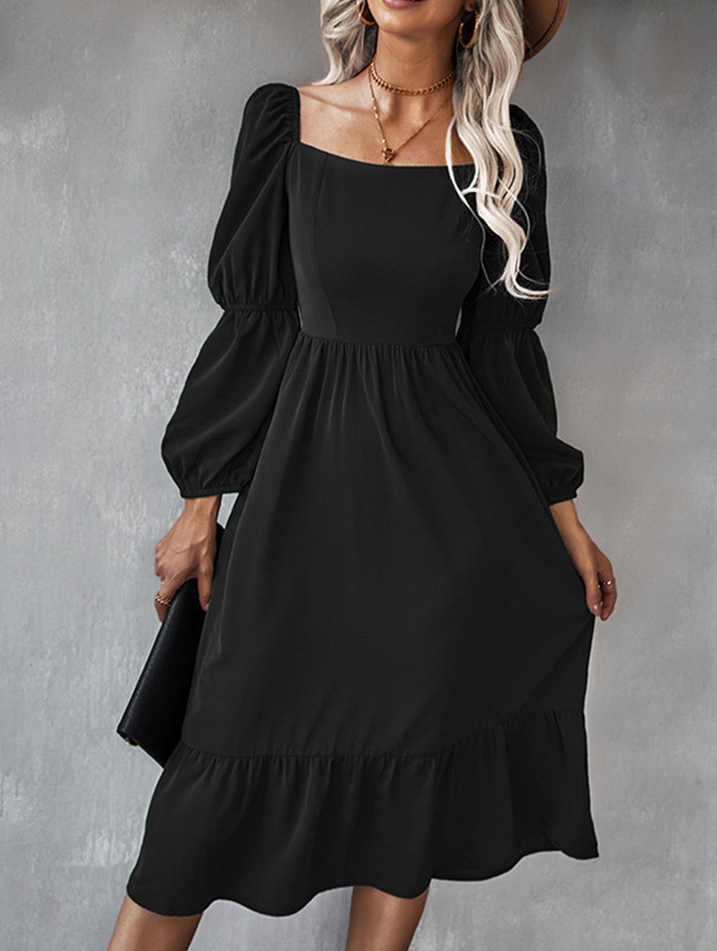 Solid color A-line casual long-sleeved dress