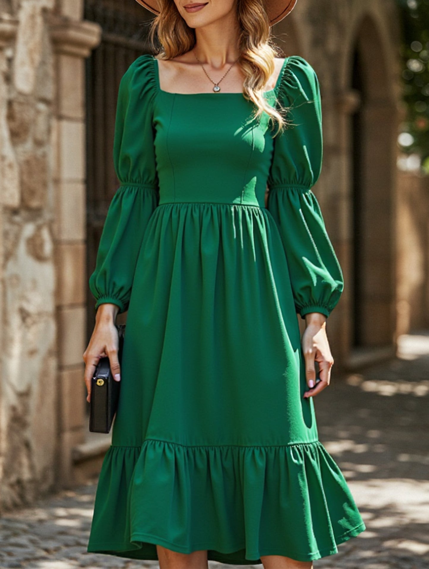 Solid color A-line casual long-sleeved dress