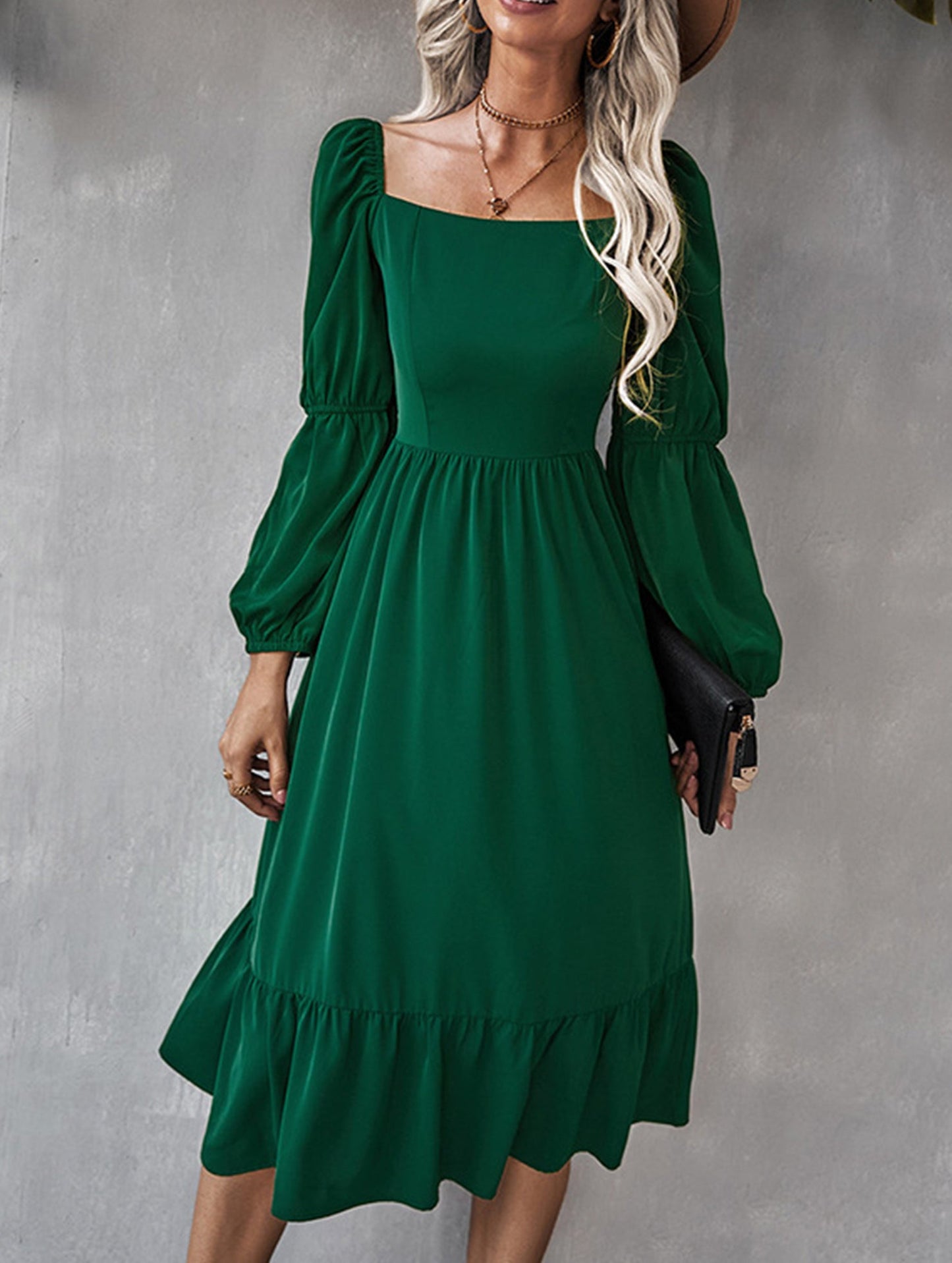 Solid color A-line casual long-sleeved dress