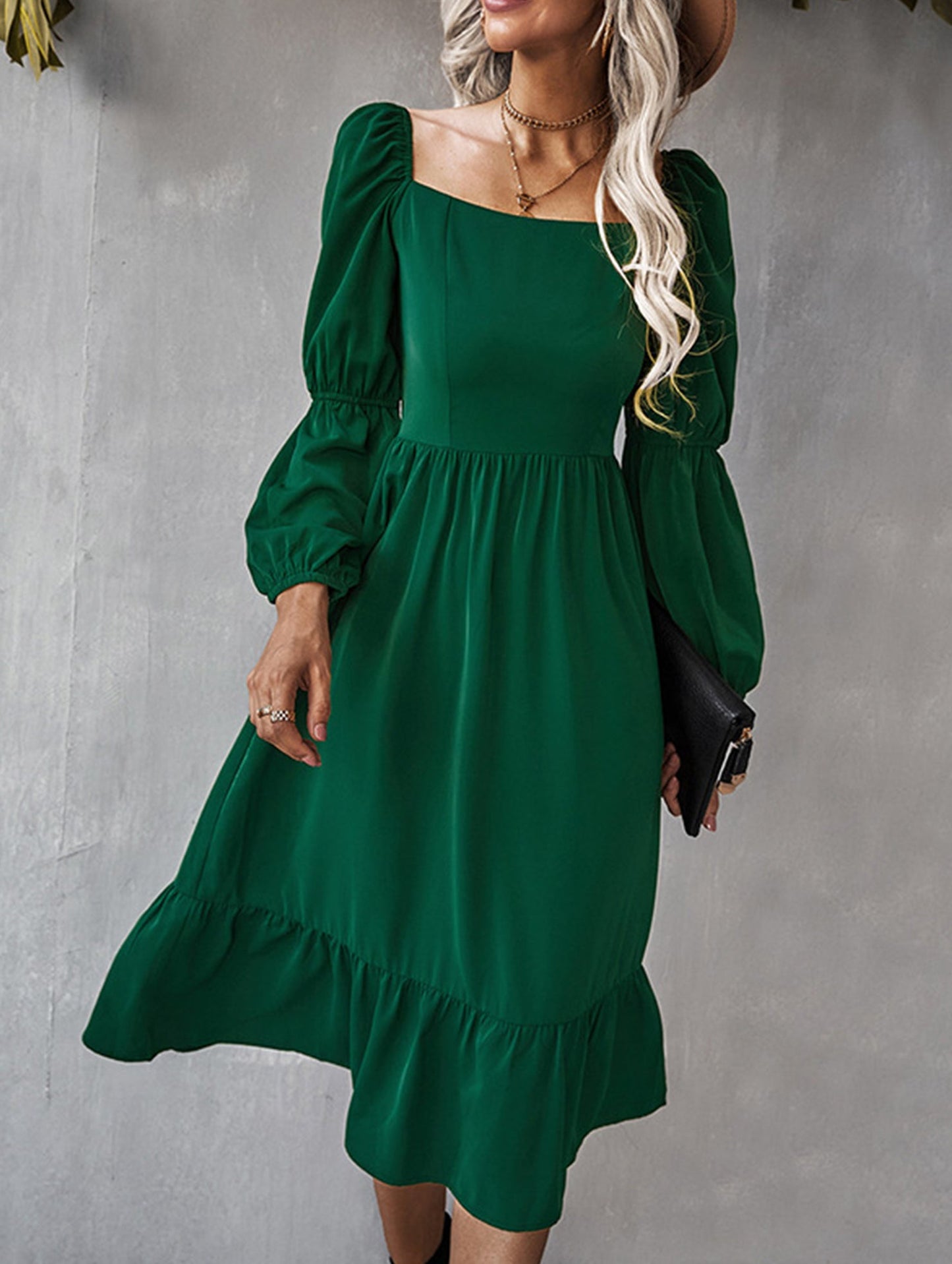 Solid color A-line casual long-sleeved dress