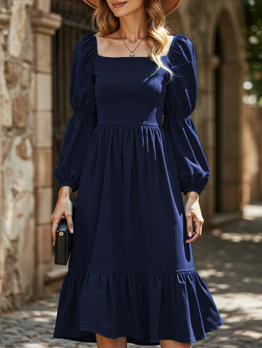 Solid color A-line casual long-sleeved dress