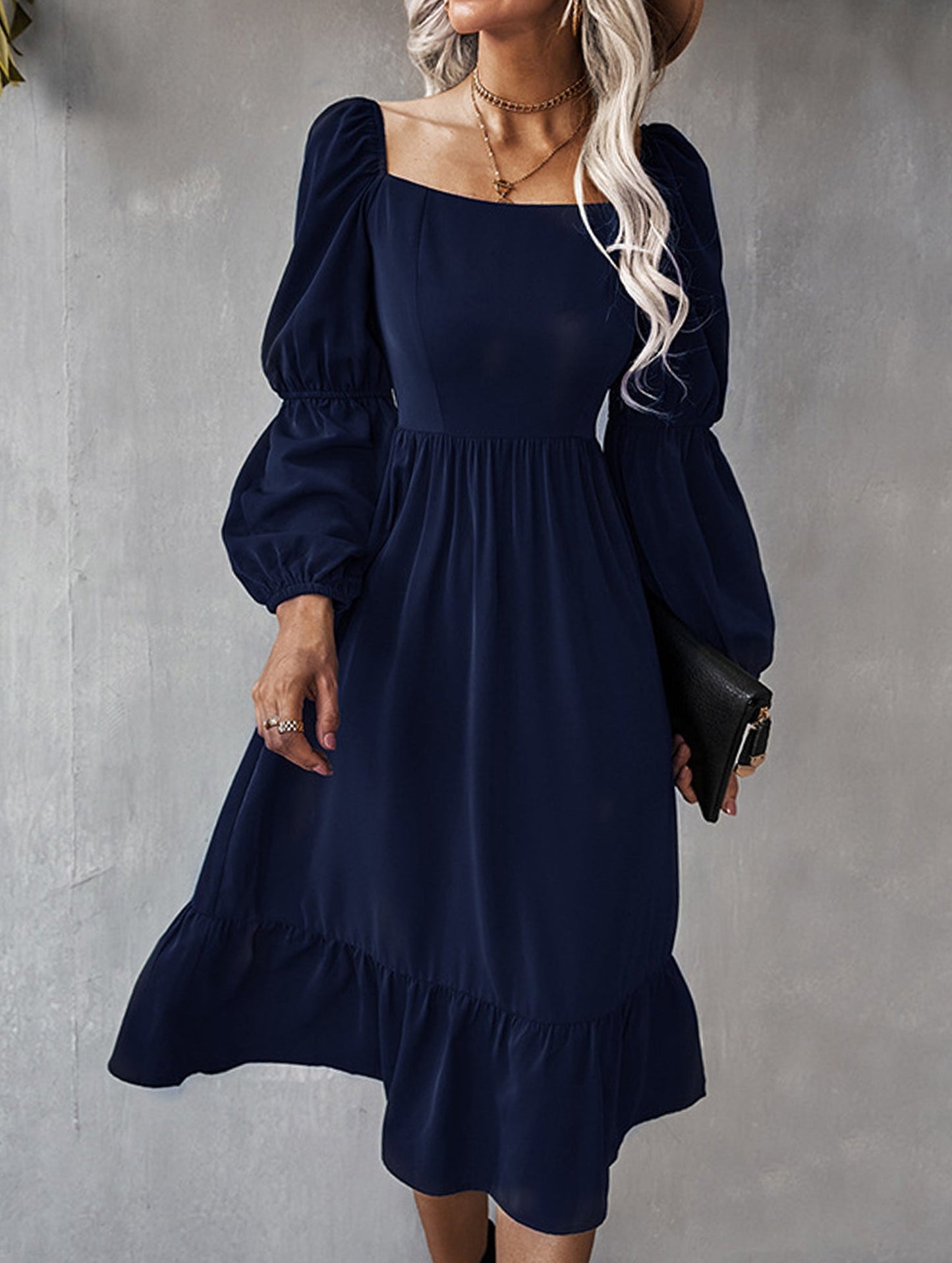 Solid color A-line casual long-sleeved dress