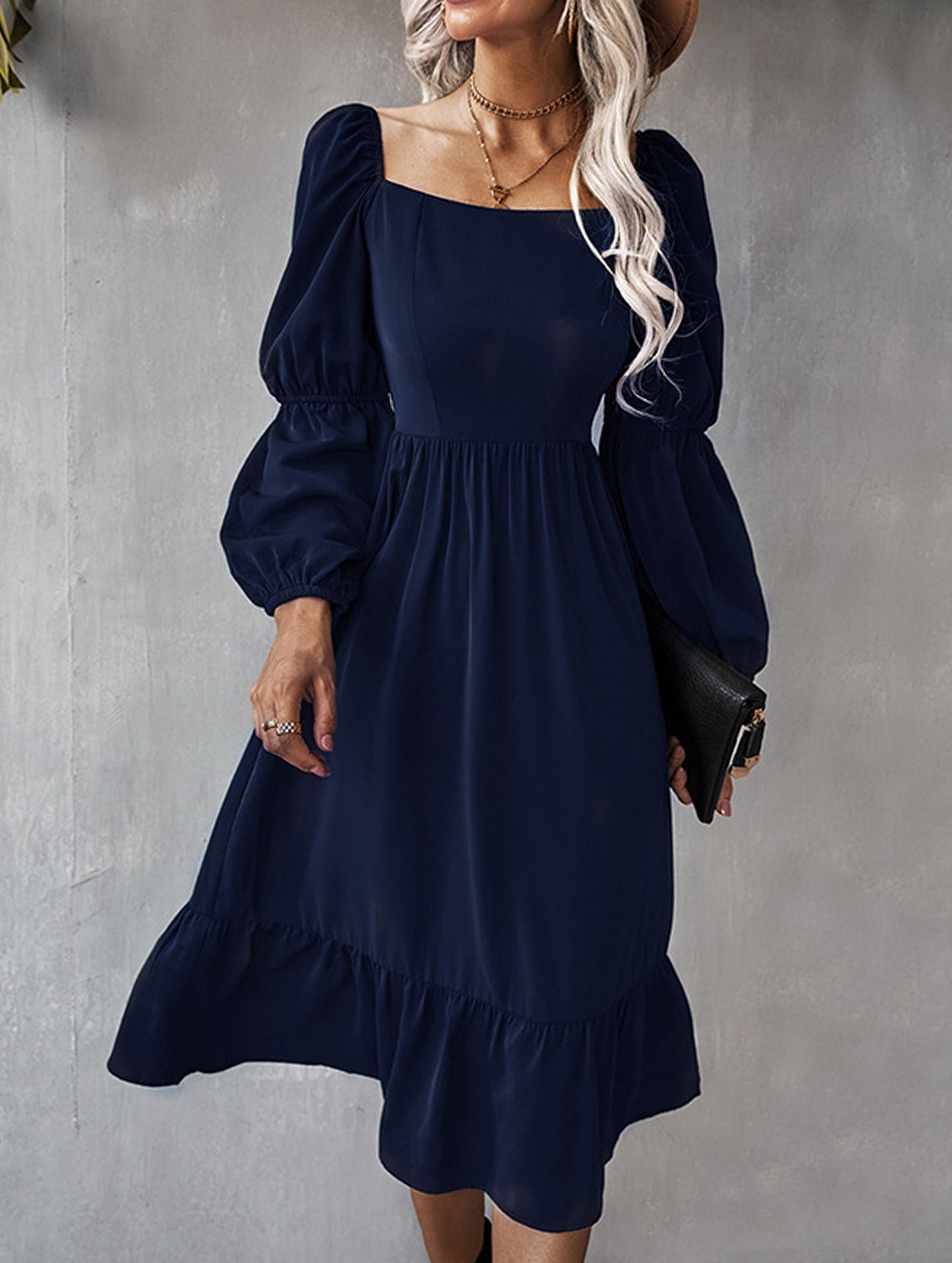 Solid color A-line casual long-sleeved dress