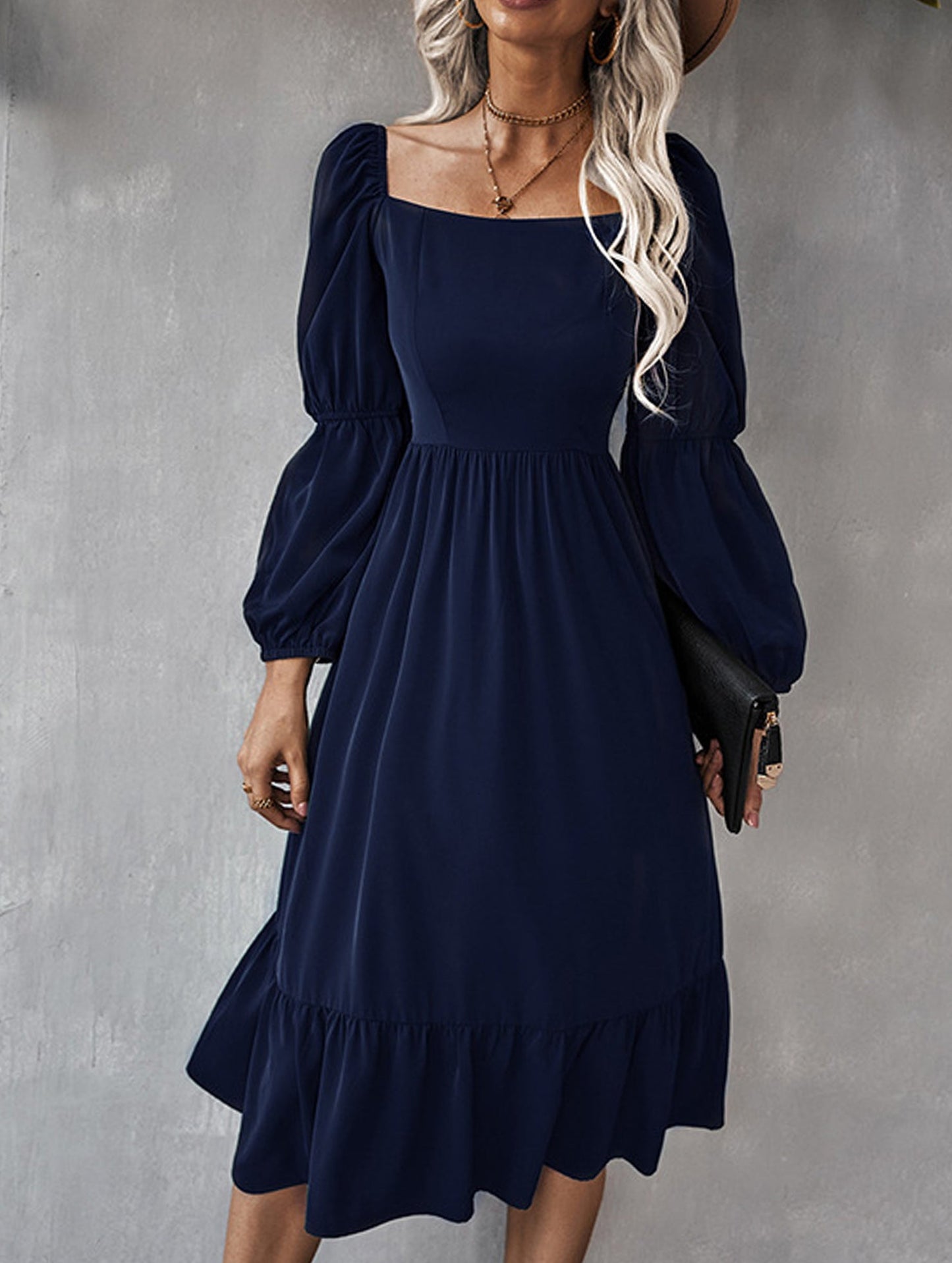 Solid color A-line casual long-sleeved dress