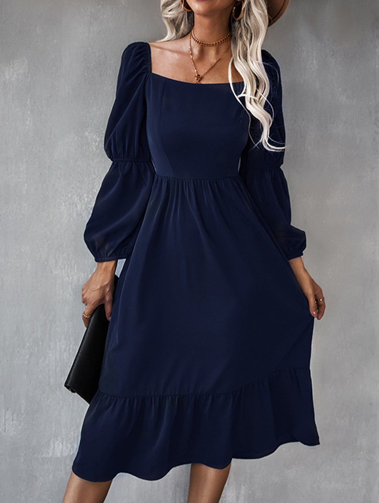 Solid color A-line casual long-sleeved dress