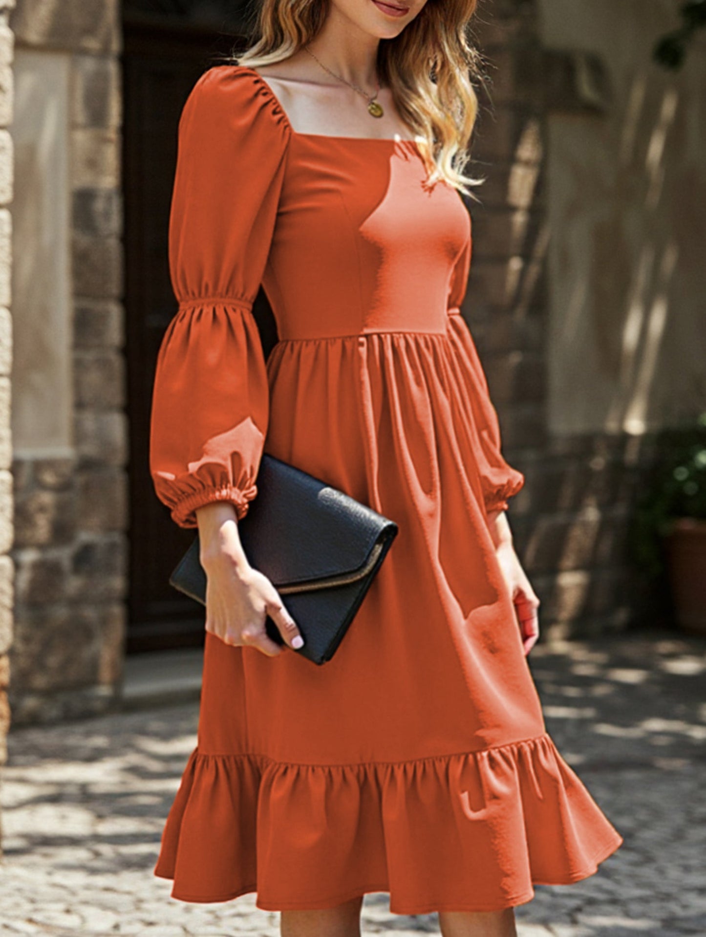 Solid color A-line casual long-sleeved dress