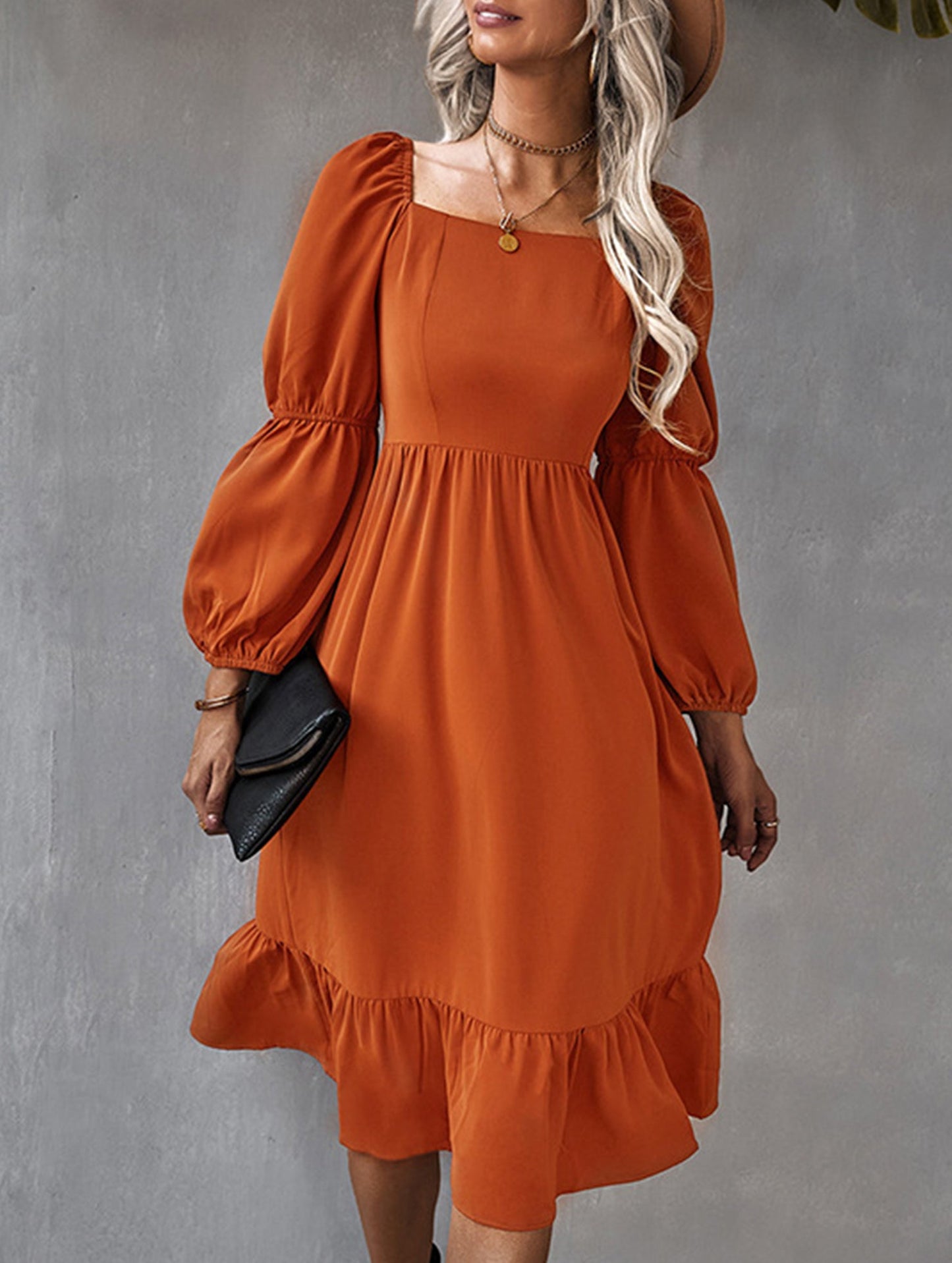 Solid color A-line casual long-sleeved dress