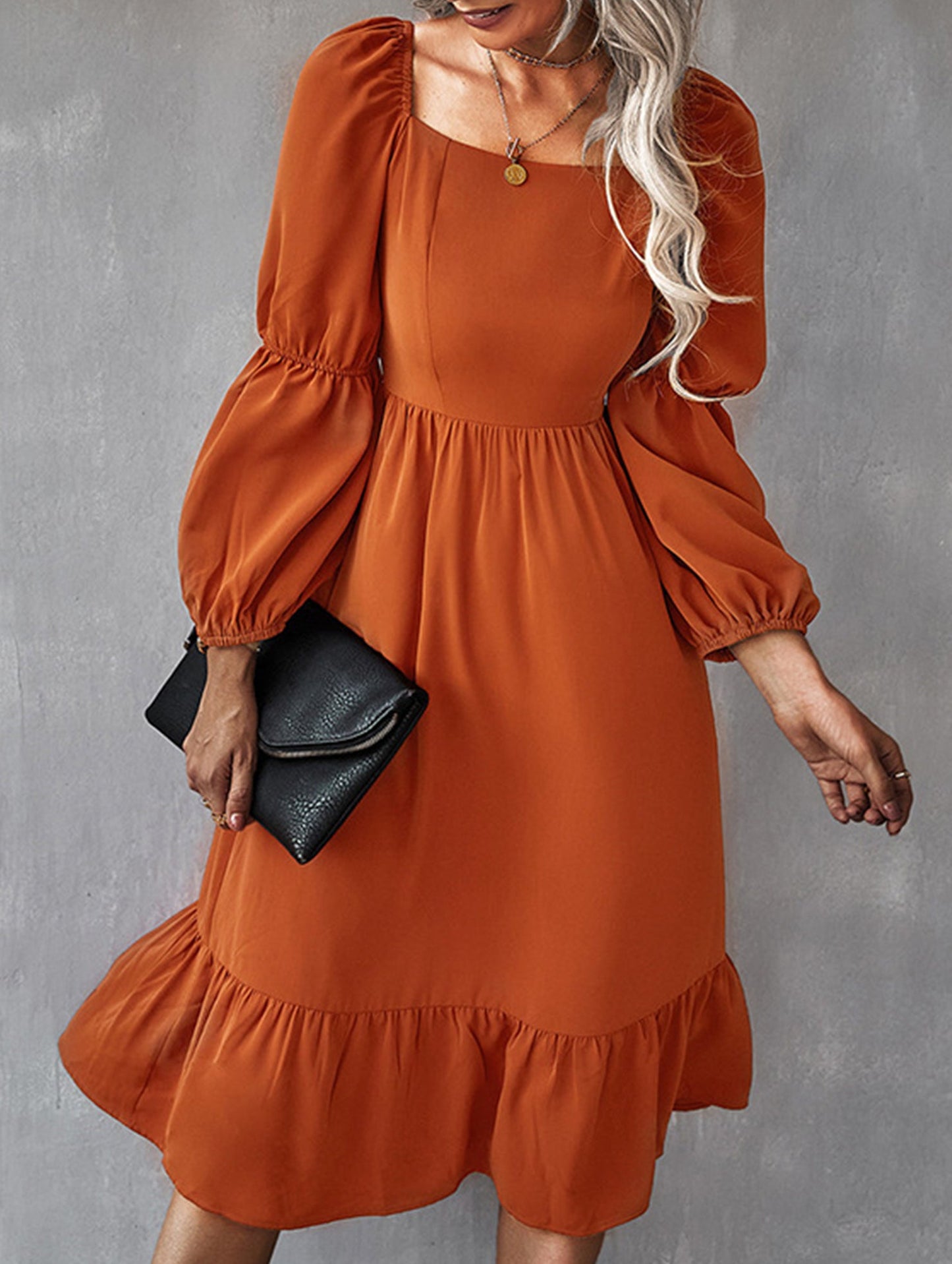 Solid color A-line casual long-sleeved dress