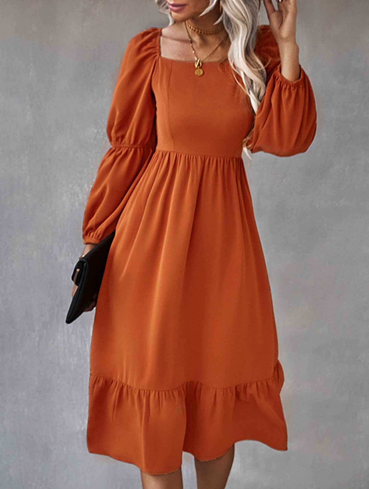 Solid color A-line casual long-sleeved dress