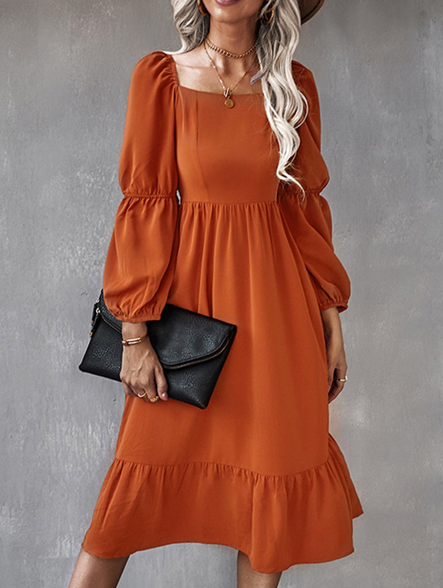 Solid color A-line casual long-sleeved dress