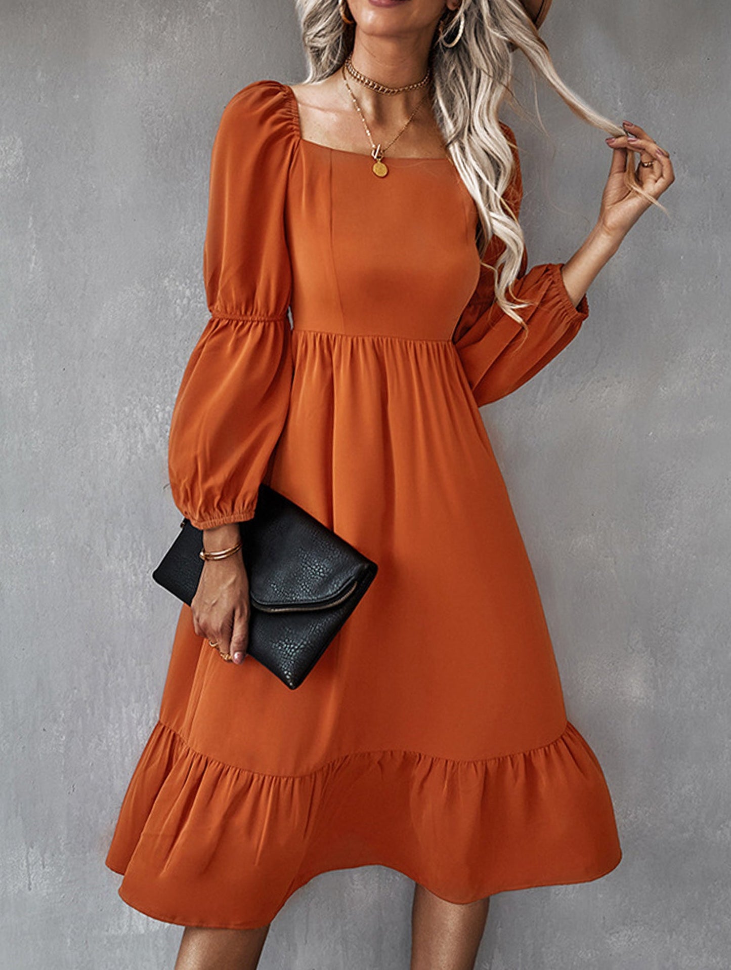 Solid color A-line casual long-sleeved dress