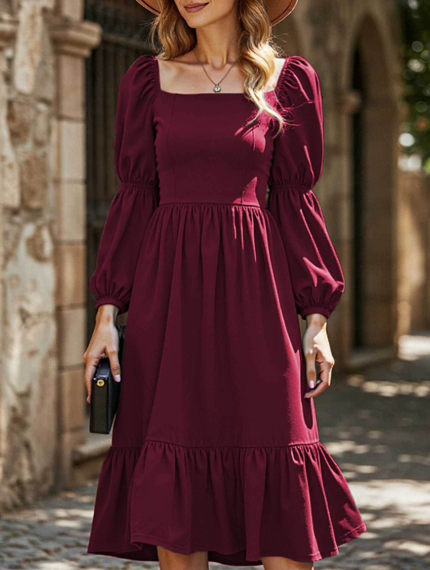 Solid color A-line casual long-sleeved dress