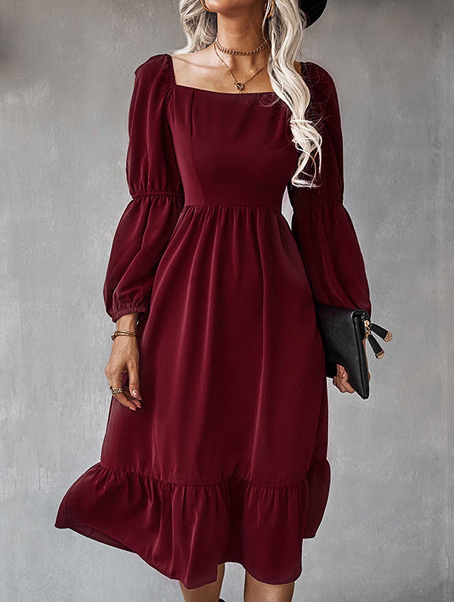 Solid color A-line casual long-sleeved dress
