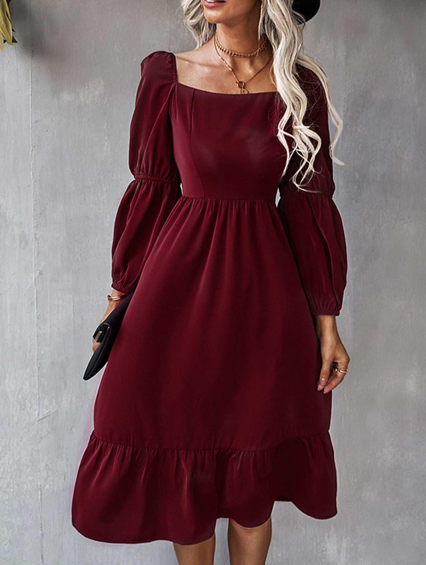 Solid color A-line casual long-sleeved dress