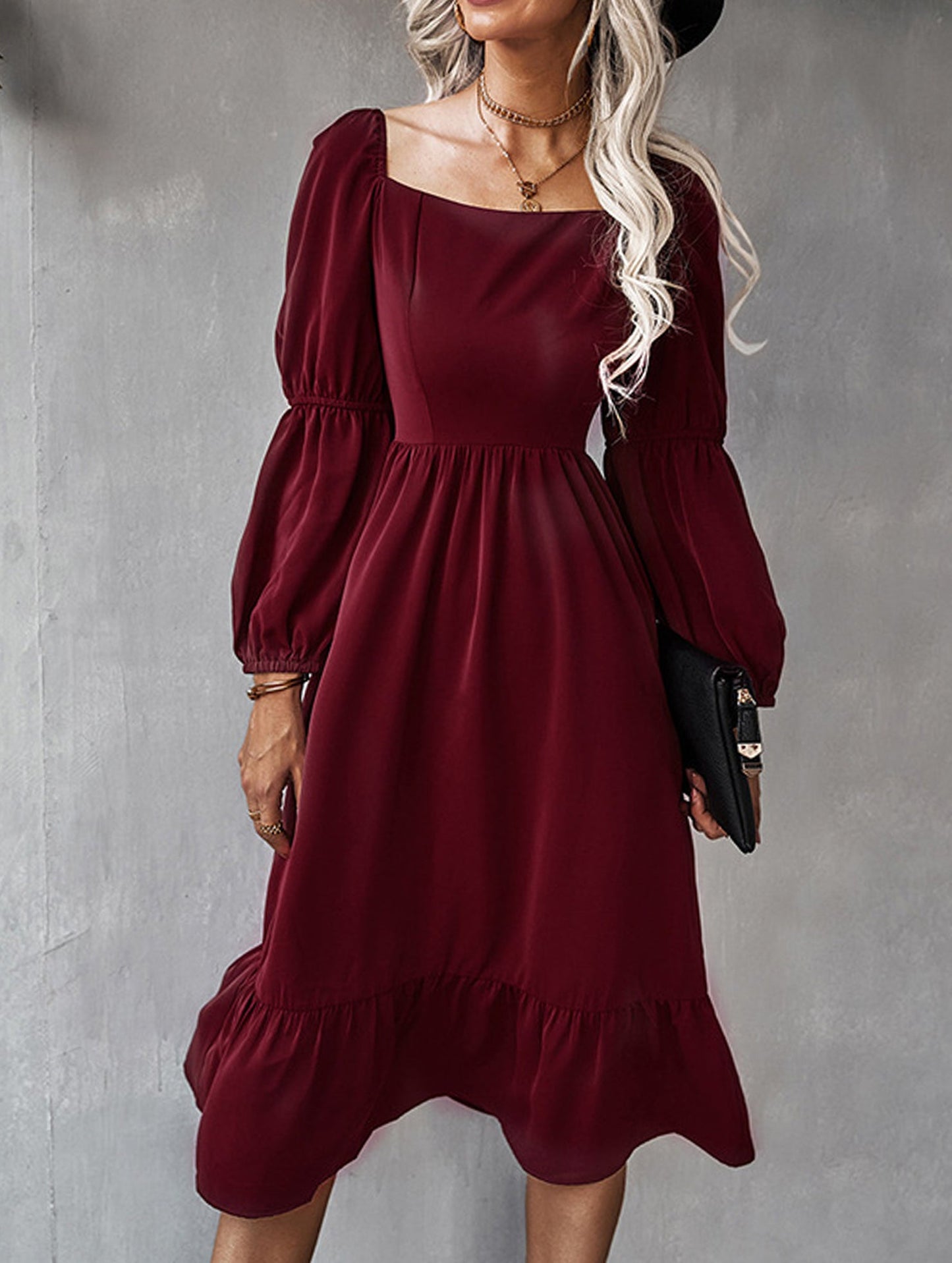 Solid color A-line casual long-sleeved dress