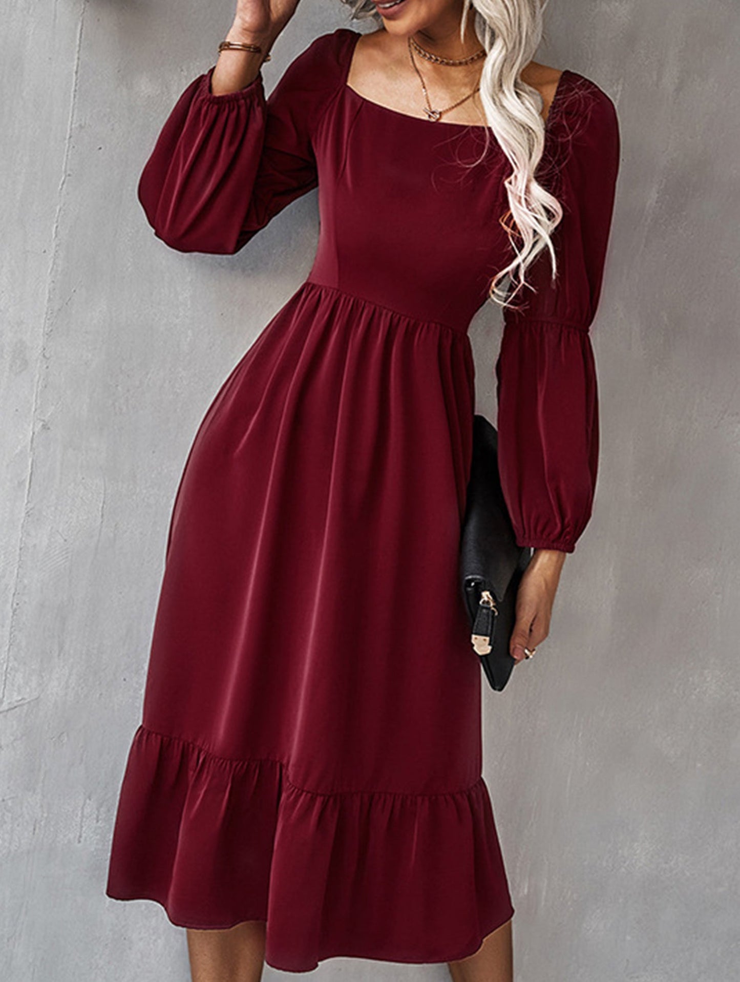 Solid color A-line casual long-sleeved dress