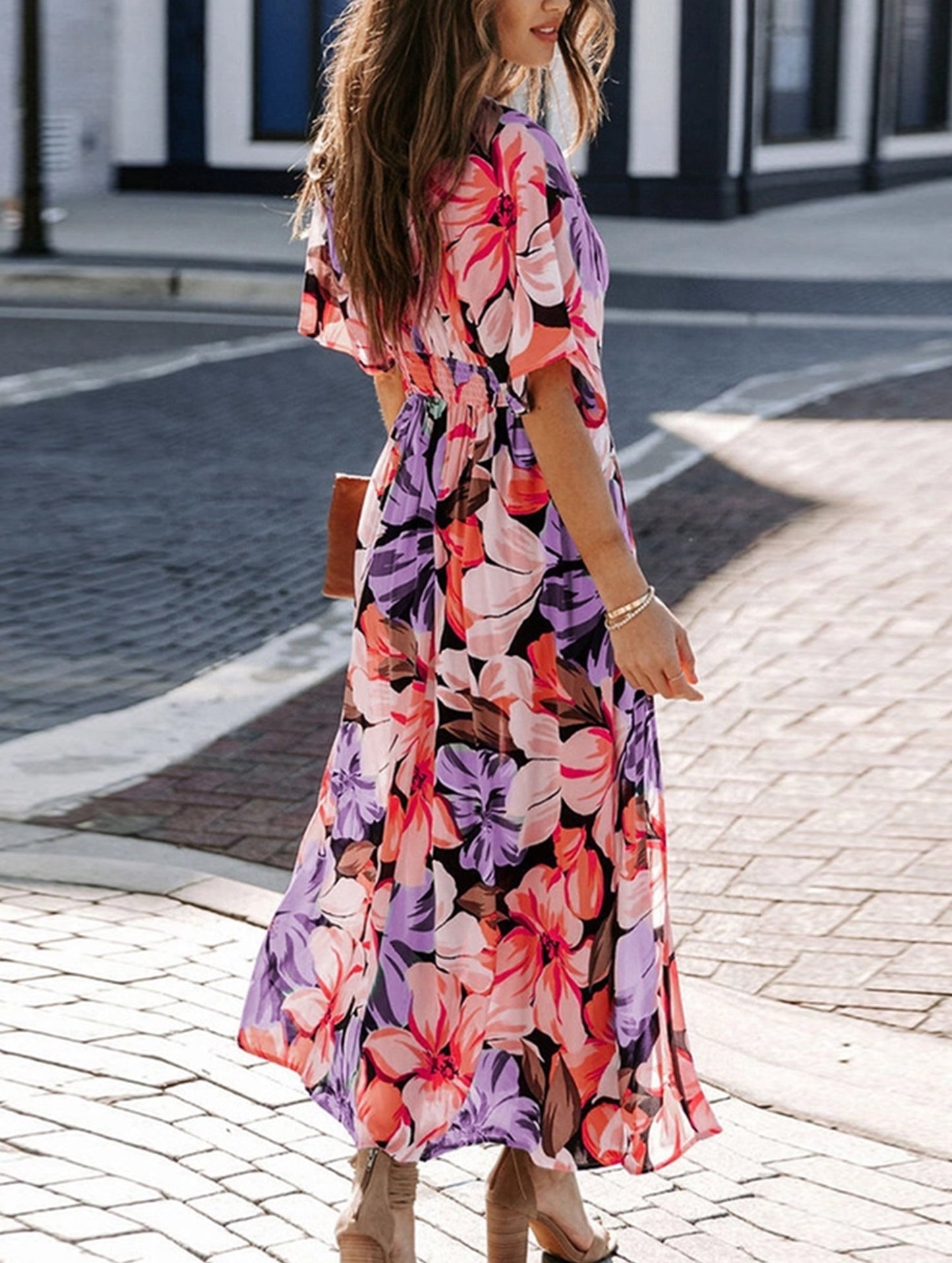V Neck High Slit Dress with Fashion Print and High Waist Fit