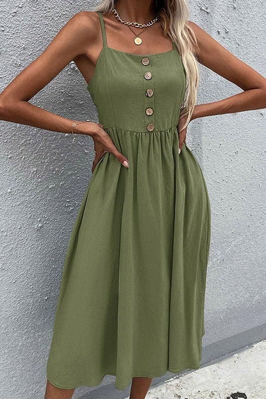 SOLID COLOR SLING LONG DRESS - Doublju