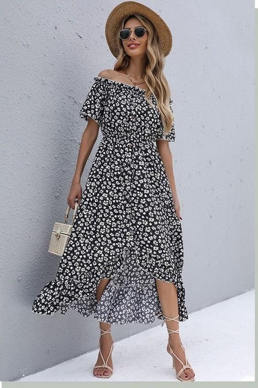 SHORT SLEEVED ONE SHOULDER IRREGULAR DRESS - Doublju