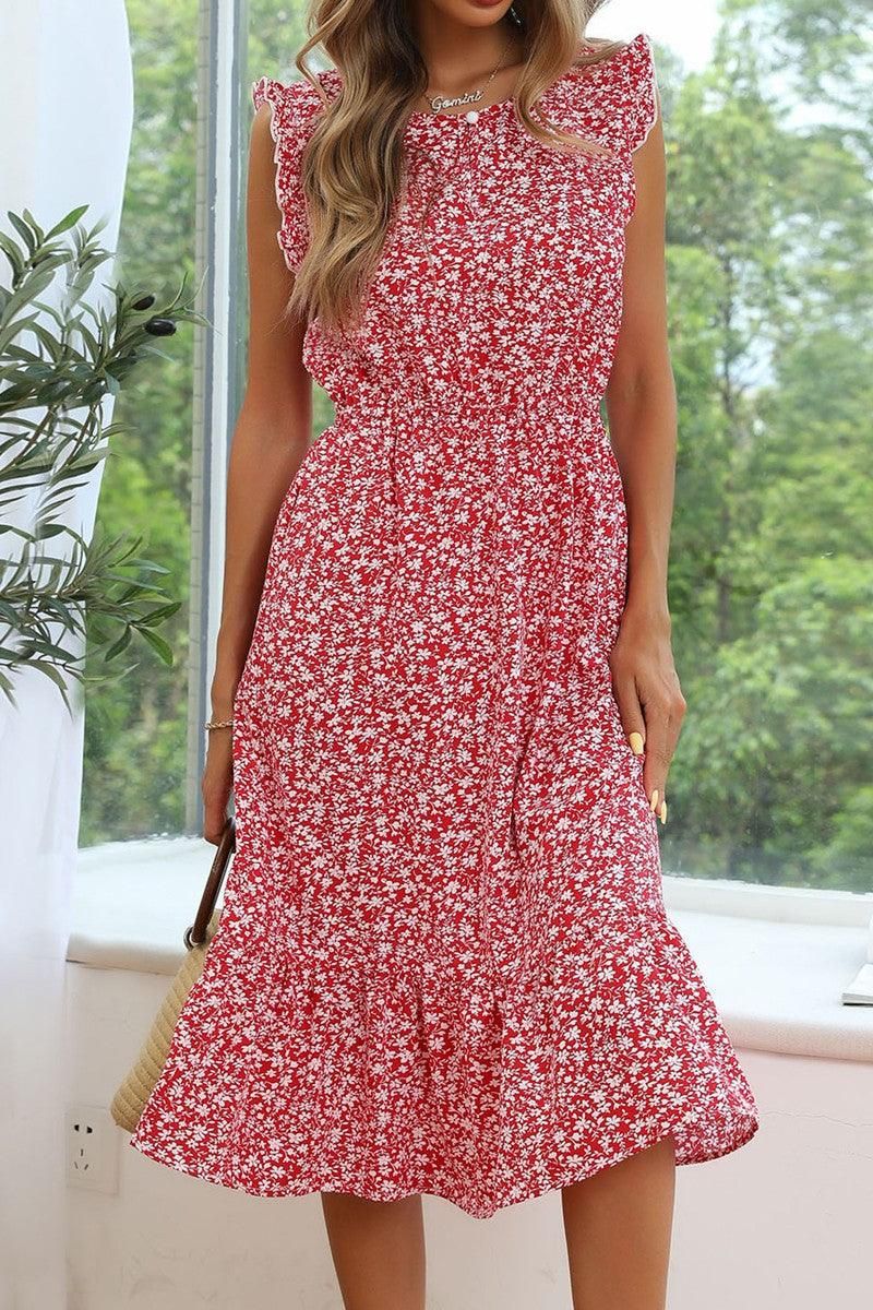 SLEEVELESS LACED ROUND NECK FLORAL PRINTED DRESS - Doublju