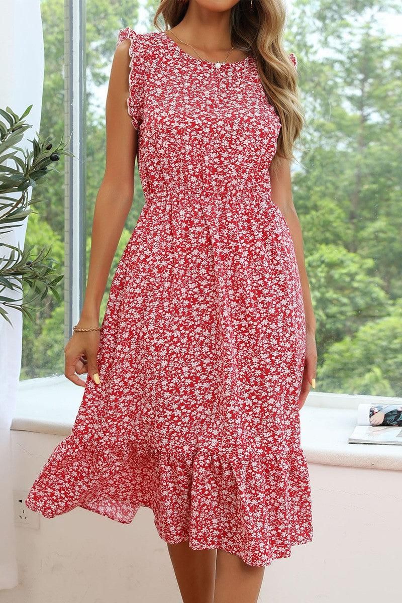 SLEEVELESS LACED ROUND NECK FLORAL PRINTED DRESS - Doublju