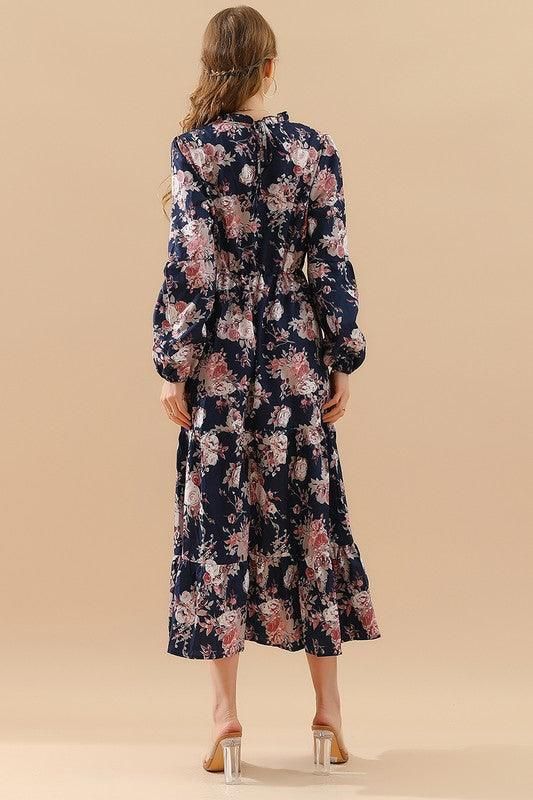 FLORAL PATTERN LONG SLEEVE CASUAL DRESS - Doublju