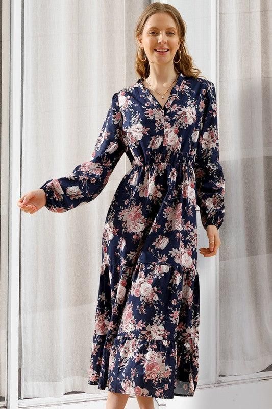 FLORAL PATTERN LONG SLEEVE CASUAL DRESS - Doublju