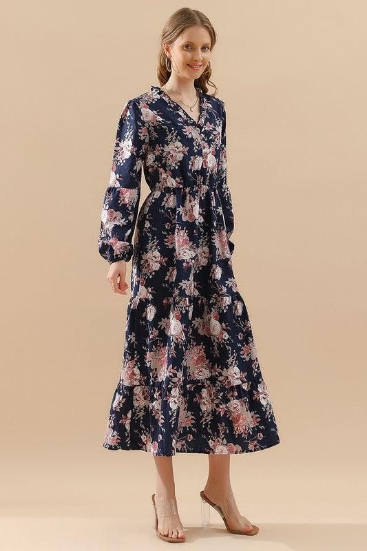 FLORAL PATTERN LONG SLEEVE CASUAL DRESS - Doublju