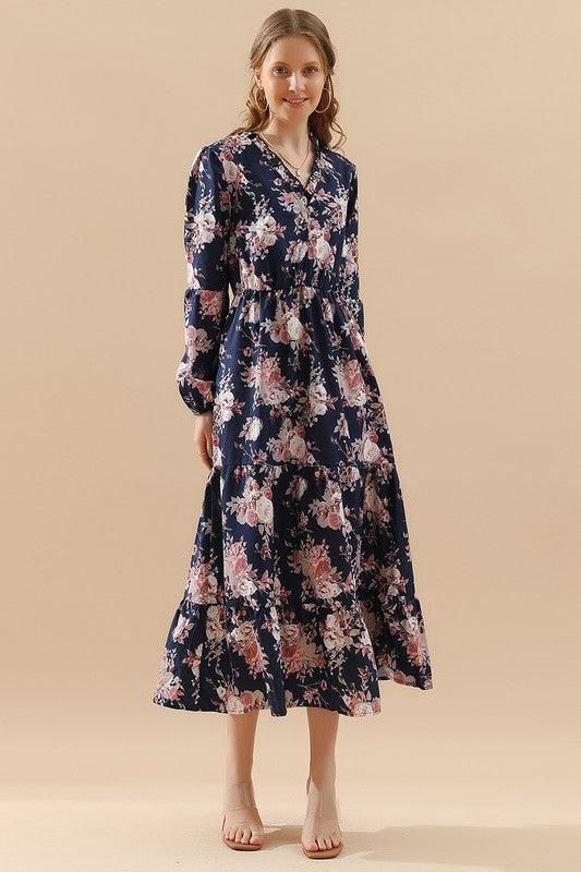 FLORAL PATTERN LONG SLEEVE CASUAL DRESS - Doublju