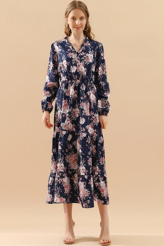 FLORAL PATTERN LONG SLEEVE CASUAL DRESS - Doublju
